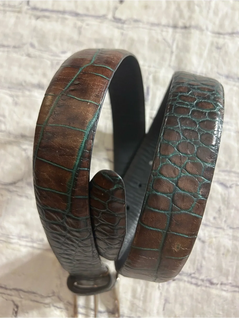BILL LAVIN “SOFT COLLECTION “ 2-TONE BROWN & TEAL BLUE HANDMADE CROC ITALY BELT